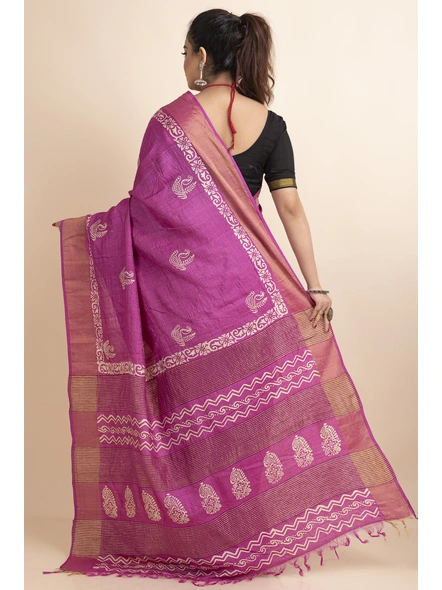 Pink Paisely Print Murshidabad Tussar Silk Saree with Blouse Piece-Pink-Tussar Silk-Free-Female-Adult-1