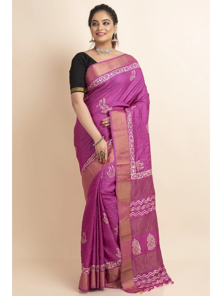 Pink Paisely Print Murshidabad Tussar Silk Saree with Blouse Piece-Pink-Tussar Silk-Free-Female-Adult-3