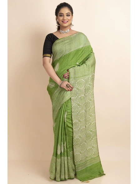 Green Geometric Design Print Murshidabad Tussar Silk Saree with Blouse Piece-BHAAT-SS-009