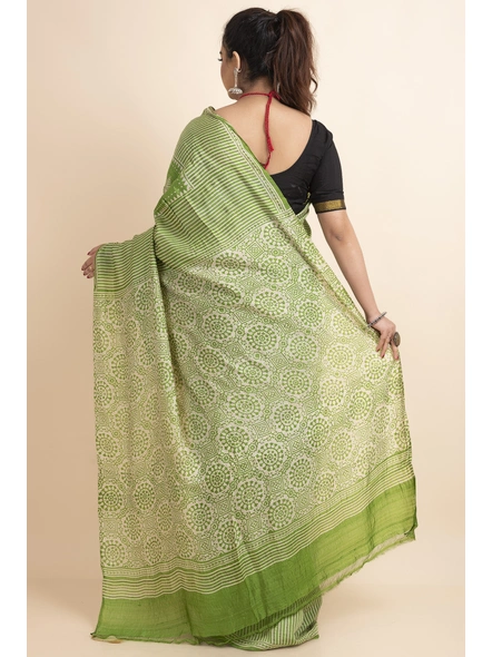 Green Geometric Design Print Murshidabad Tussar Silk Saree with Blouse Piece-Green-Tussar Silk-Free-Female-Adult-1