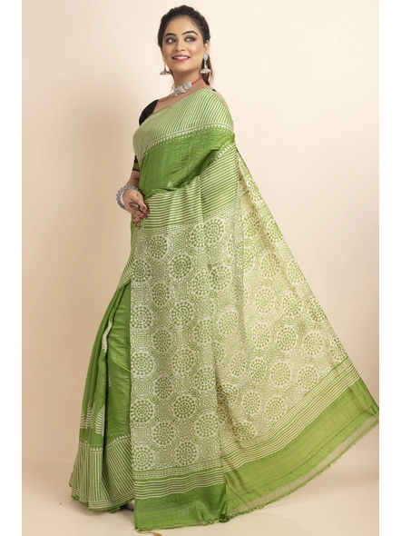 Green Geometric Design Print Murshidabad Tussar Silk Saree with Blouse Piece-Green-Tussar Silk-Free-Female-Adult-2