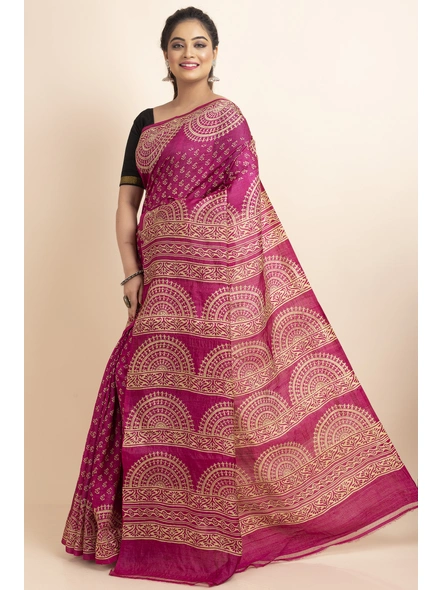 Magenta Motif Design Print Murshidabad Tussar Silk Saree with Blouse Piece-Magenta-Tussar Silk-Free-Female-Adult-2