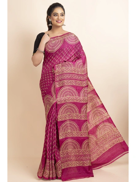 Magenta Motif Design Print Murshidabad Tussar Silk Saree with Blouse Piece-Magenta-Tussar Silk-Free-Female-Adult-3