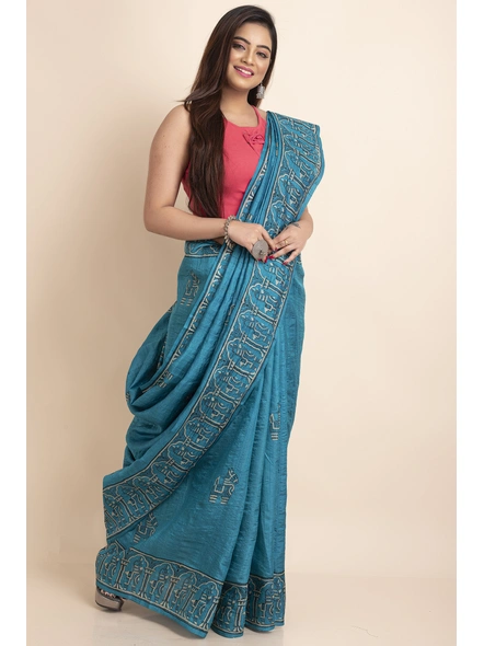 Turquoise Blue Horse Print Murshidabad Tussar Silk Saree with Blouse Piece-Turquoise-Tussar Silk-Free-Female-Adult-3