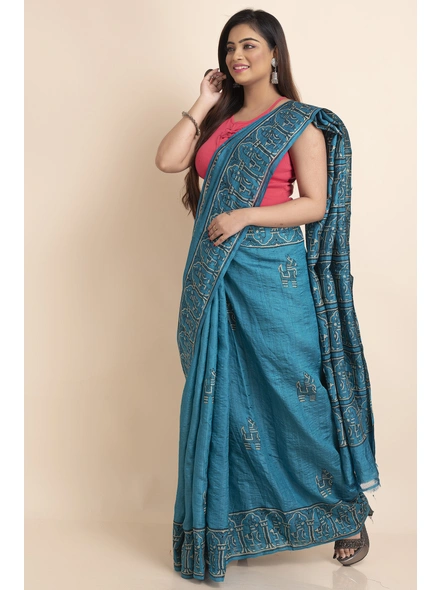 Turquoise Blue Horse Print Murshidabad Tussar Silk Saree with Blouse Piece-Turquoise-Tussar Silk-Free-Female-Adult-4