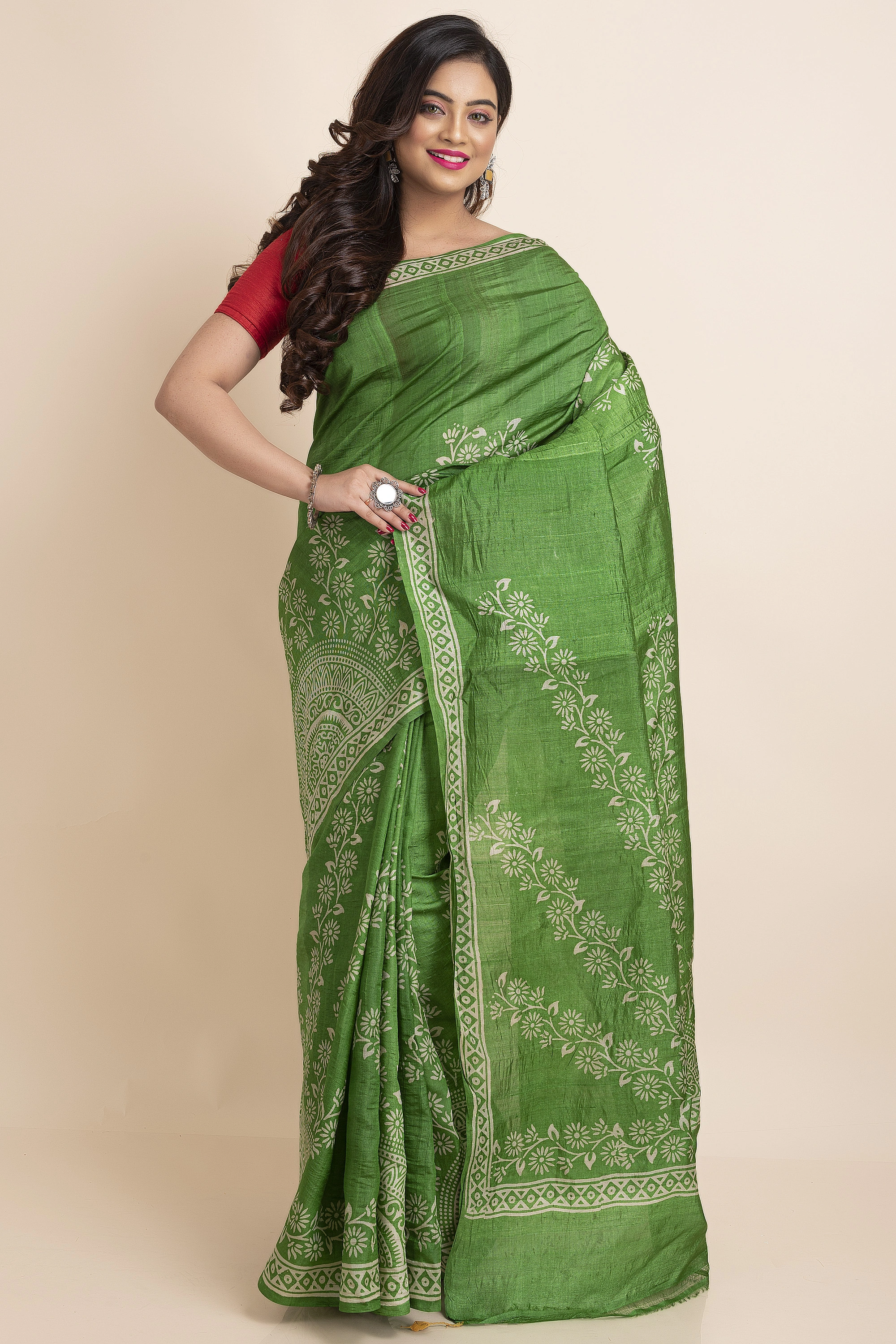 Green Floral Print Murshidabad Tussar Silk Saree with Blouse Piece-BHAAT-SS-013