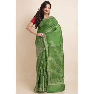 Green Floral Print Murshidabad Tussar Silk Saree with Blouse Piece