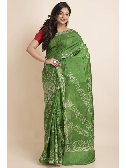 Green Floral Print Murshidabad Tussar Silk Saree with Blouse Piece-BHAAT-SS-013