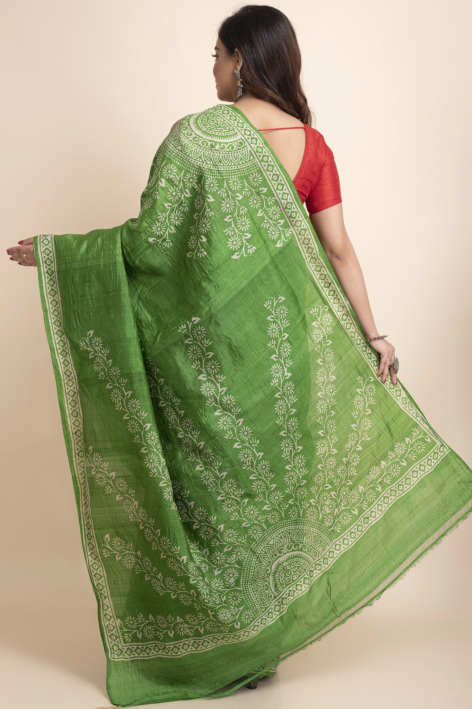 Green Floral Print Murshidabad Tussar Silk Saree with Blouse Piece-Green-Tussar Silk-Free-Female-Adult-1