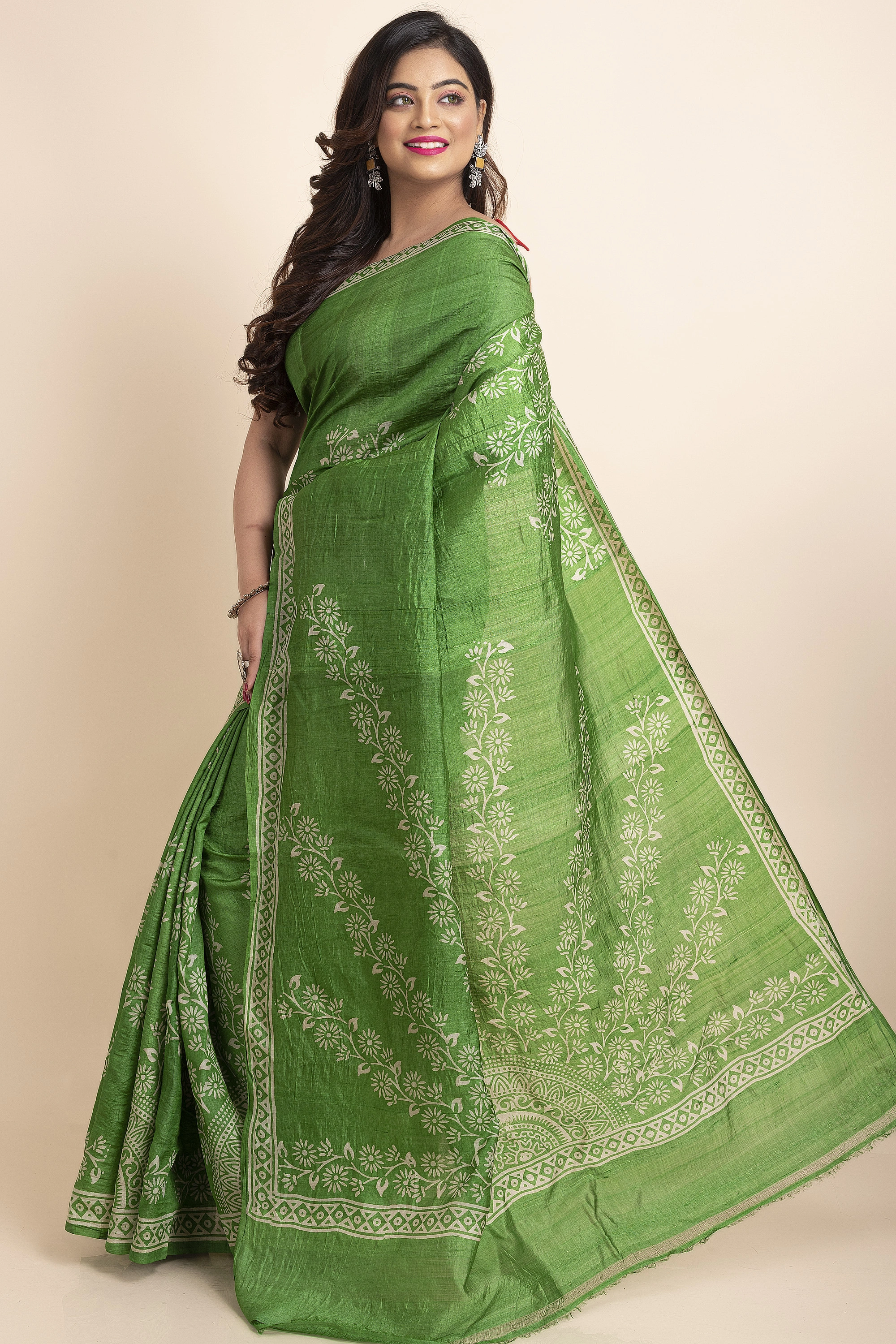 Green Floral Print Murshidabad Tussar Silk Saree with Blouse Piece-Green-Tussar Silk-Free-Female-Adult-2