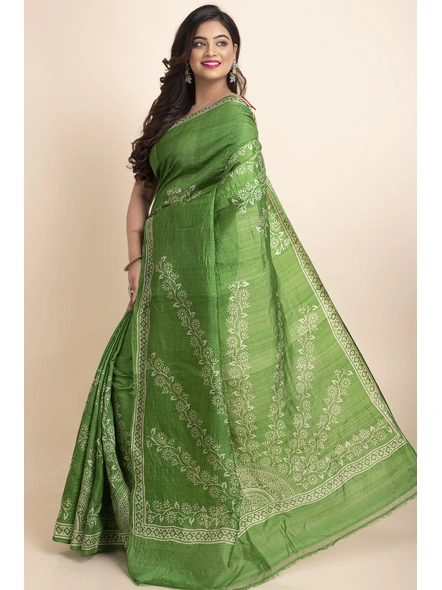 Green Floral Print Murshidabad Tussar Silk Saree with Blouse Piece-Green-Tussar Silk-Free-Female-Adult-2