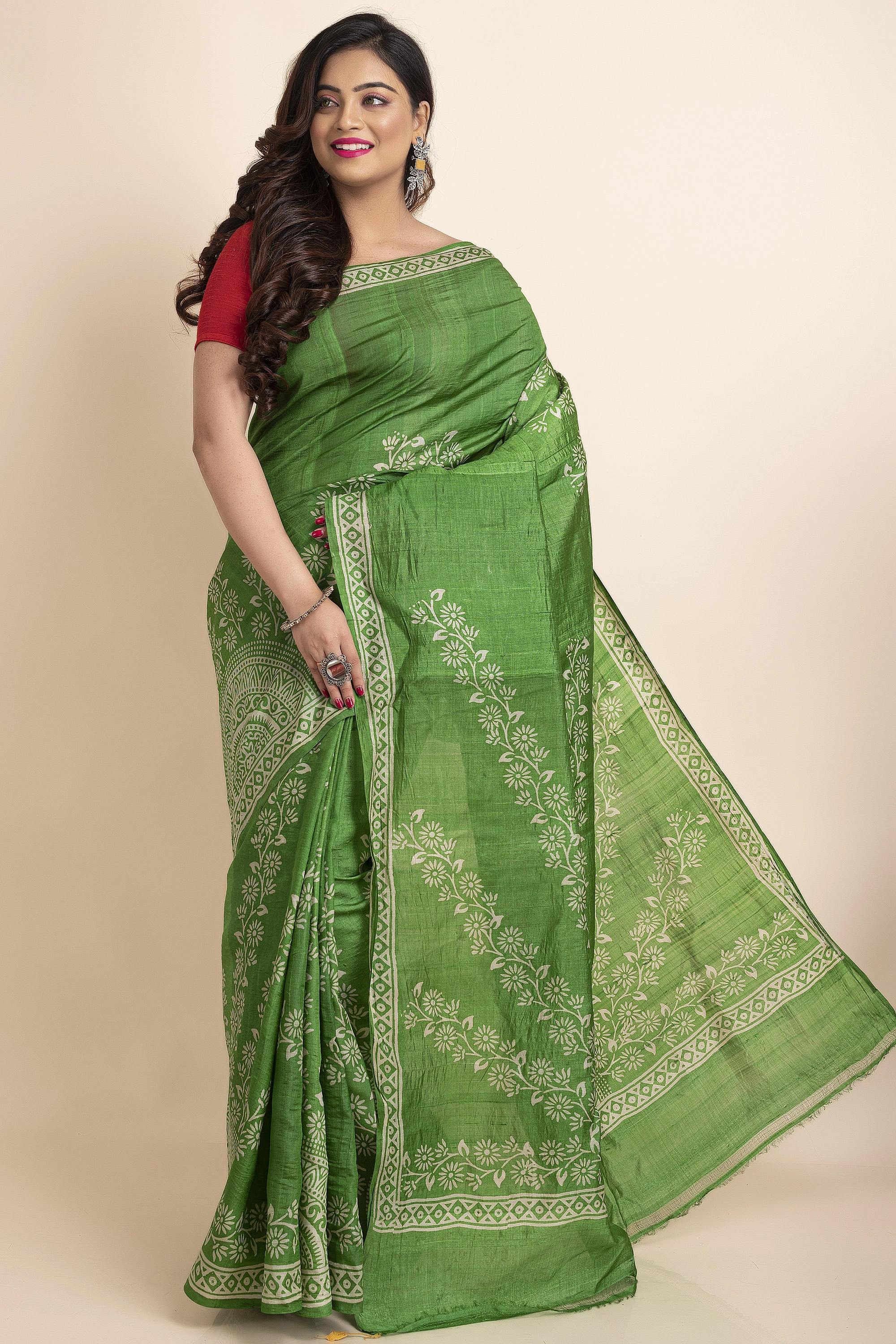 Green Floral Print Murshidabad Tussar Silk Saree with Blouse Piece-Green-Tussar Silk-Free-Female-Adult-3