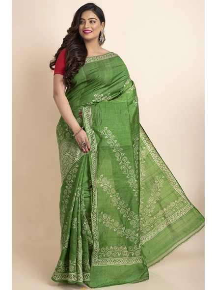 Green Floral Print Murshidabad Tussar Silk Saree with Blouse Piece-Green-Tussar Silk-Free-Female-Adult-3