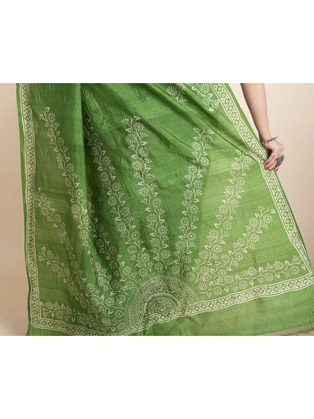 Green Floral Print Murshidabad Tussar Silk Saree with Blouse Piece-Green-Tussar Silk-Free-Female-Adult-4