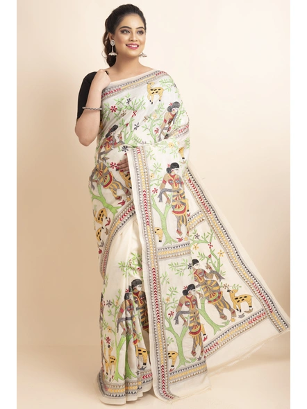 Off White Women Deer Nakshi Kantha Work Tussar Silk Saree with Blouse Piece-BHAAT-KSS-001