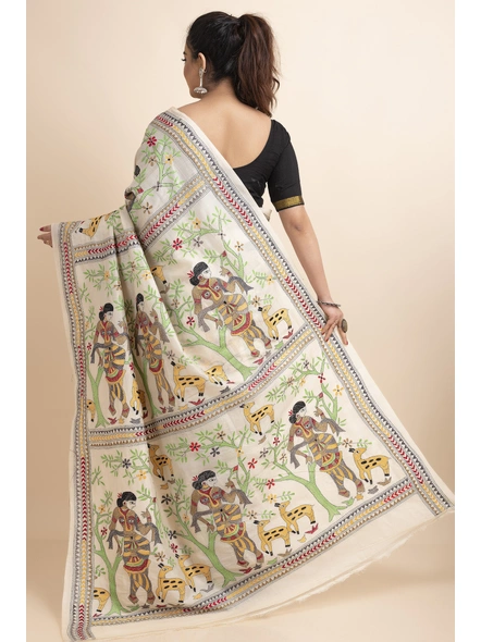 Off White Women Deer Nakshi Kantha Work Tussar Silk Saree with Blouse Piece-Off White-Tussar Silk-Free-Female-Adult-1