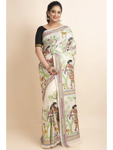 Off White Women Deer Nakshi Kantha Work Tussar Silk Saree with Blouse Piece-Off White-Tussar Silk-Free-Female-Adult-3