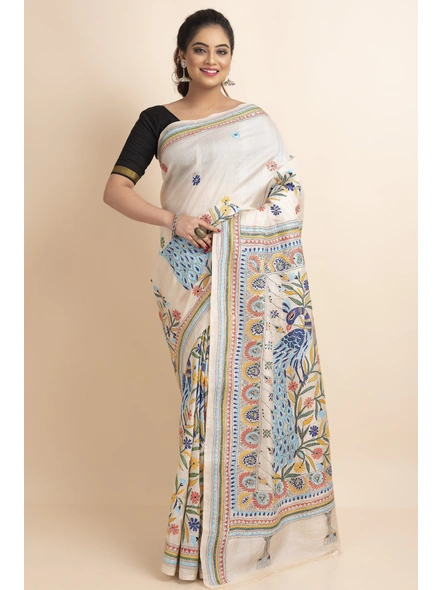 Off White Blue Peacock Nakshi Kantha Work Tussar Silk Saree with Blouse Piece-BHAAT-KSS-002