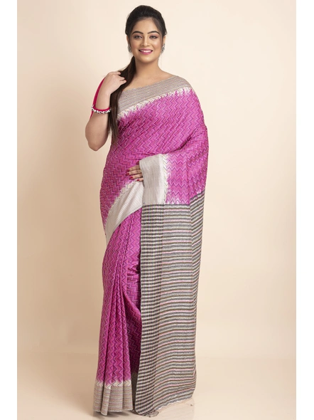 Pink Kantha Stitch Jalchuri Work Pure Silk Saree with Blouse Piece-BHAAT-KSS-004