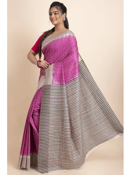 Pink Kantha Stitch Jalchuri Work Pure Silk Saree with Blouse Piece-Pink-Pure Silk-Free-Female-Adult-2