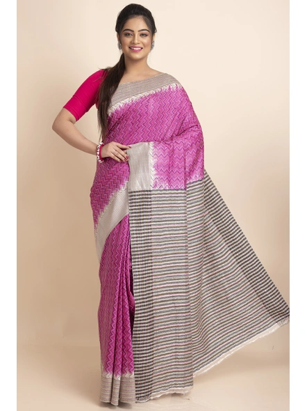 Pink Kantha Stitch Jalchuri Work Pure Silk Saree with Blouse Piece-Pink-Pure Silk-Free-Female-Adult-3
