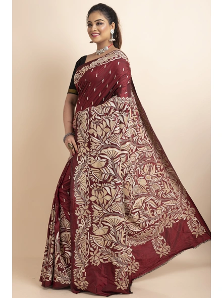 Maroon Floral Design Kantha Stitch Work Pure Silk Saree with Blouse Piece-Maroon-Pure Silk-Free-Female-Adult-2