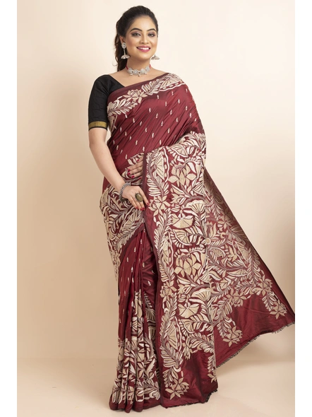 Maroon Floral Design Kantha Stitch Work Pure Silk Saree with Blouse Piece-Maroon-Pure Silk-Free-Female-Adult-3