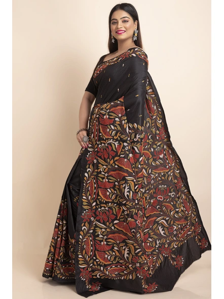 Black Floral Design Kantha Stitch Work Pure Silk Saree with Blouse Piece-Black-Pure Silk-Free-Female-Adult-2