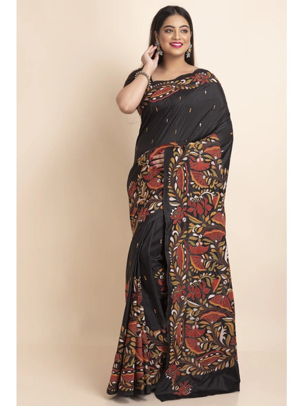 Black Floral Design Kantha Stitch Work Pure Silk Saree with Blouse Piece-Black-Pure Silk-Free-Female-Adult-3