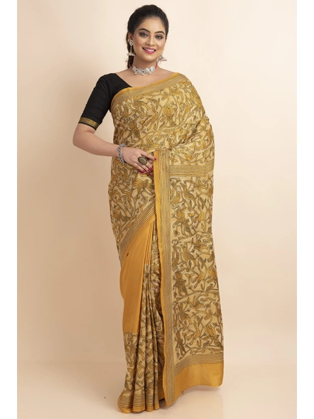 Yellow Bird Design Kantha Stitch Work Pure Silk Saree with Blouse Piece-BHAAT-KSS-007