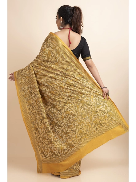Yellow Bird Design Kantha Stitch Work Pure Silk Saree with Blouse Piece-Yellow-Pure Silk-Free-Female-Adult-1