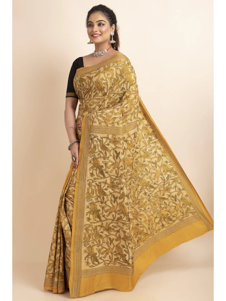 Yellow Bird Design Kantha Stitch Work Pure Silk Saree with Blouse Piece-Yellow-Pure Silk-Free-Female-Adult-2