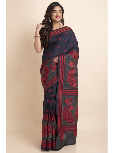 Blue Red Paisley Design Kantha Stitch Work Pure Silk Saree with Blouse Piece-BHAAT-KSS-008