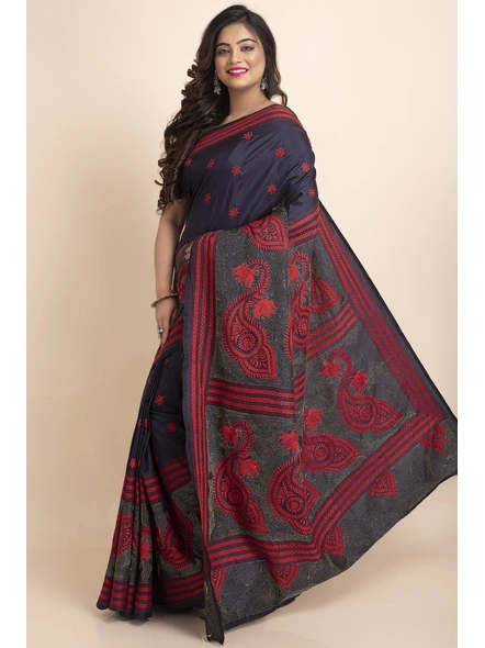 Blue Red Paisley Design Kantha Stitch Work Pure Silk Saree with Blouse Piece-Blue-Pure Silk-Free-Female-Adult-2