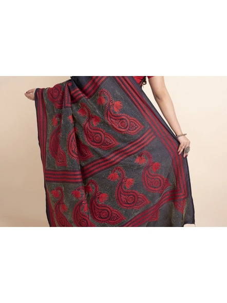 Blue Red Paisley Design Kantha Stitch Work Pure Silk Saree with Blouse Piece-Blue-Pure Silk-Free-Female-Adult-4
