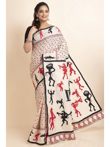 Off White Applique Tribe Design Kantha Stitch Work Tussar Silk Saree with Blouse Piece-Off White-Tussar Silk-Free-Female-Adult-3
