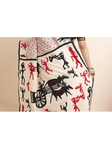 Off White Applique Tribe Design Kantha Stitch Work Tussar Silk Saree with Blouse Piece-Off White-Tussar Silk-Free-Female-Adult-4