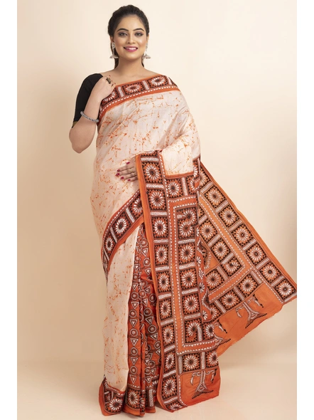 Orange Batik Print Floral Design Kantha Stitch Work Pure Silk Saree with Blouse Piece-BHAAT-KSS-010