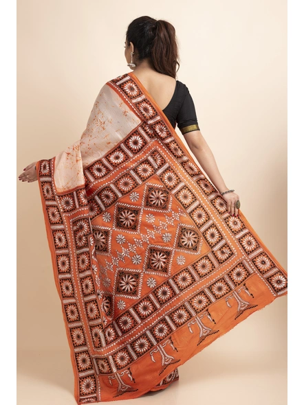 Orange Batik Print Floral Design Kantha Stitch Work Pure Silk Saree with Blouse Piece-Orange-Pure Silk-Free-Female-Adult-1