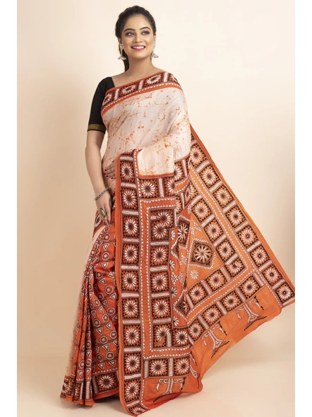 Orange Batik Print Floral Design Kantha Stitch Work Pure Silk Saree with Blouse Piece-Orange-Pure Silk-Free-Female-Adult-2