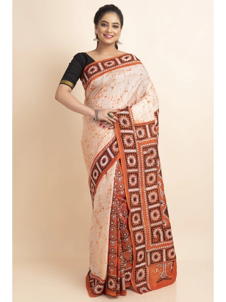 Orange Batik Print Floral Design Kantha Stitch Work Pure Silk Saree with Blouse Piece-Orange-Pure Silk-Free-Female-Adult-3