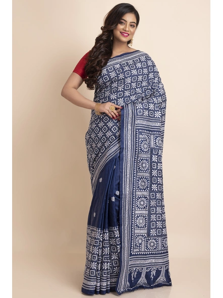 Blue White Floral Design Kantha Stitch Gujarati Work Pure Silk Saree with Blouse Piece-BHAAT-KSS-012