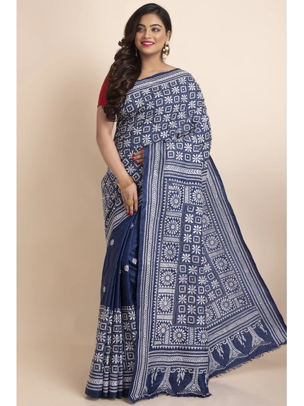 Blue White Floral Design Kantha Stitch Gujarati Work Pure Silk Saree with Blouse Piece-Blue-Pure Silk-Free-Female-Adult-3