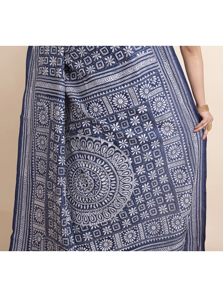 Blue White Floral Design Kantha Stitch Gujarati Work Pure Silk Saree with Blouse Piece-Blue-Pure Silk-Free-Female-Adult-4