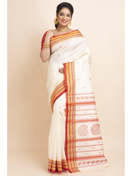 White Red Handwoven Garad Pure Silk Saree with Blouse Piece-BHAAT-GPS-001