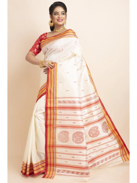 White Red Handwoven Garad Pure Silk Saree with Blouse Piece-White-Pure Silk-Free-Female-Adult-2