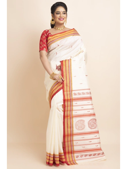 White Red Handwoven Garad Pure Silk Saree with Blouse Piece-White-Pure Silk-Free-Female-Adult-3