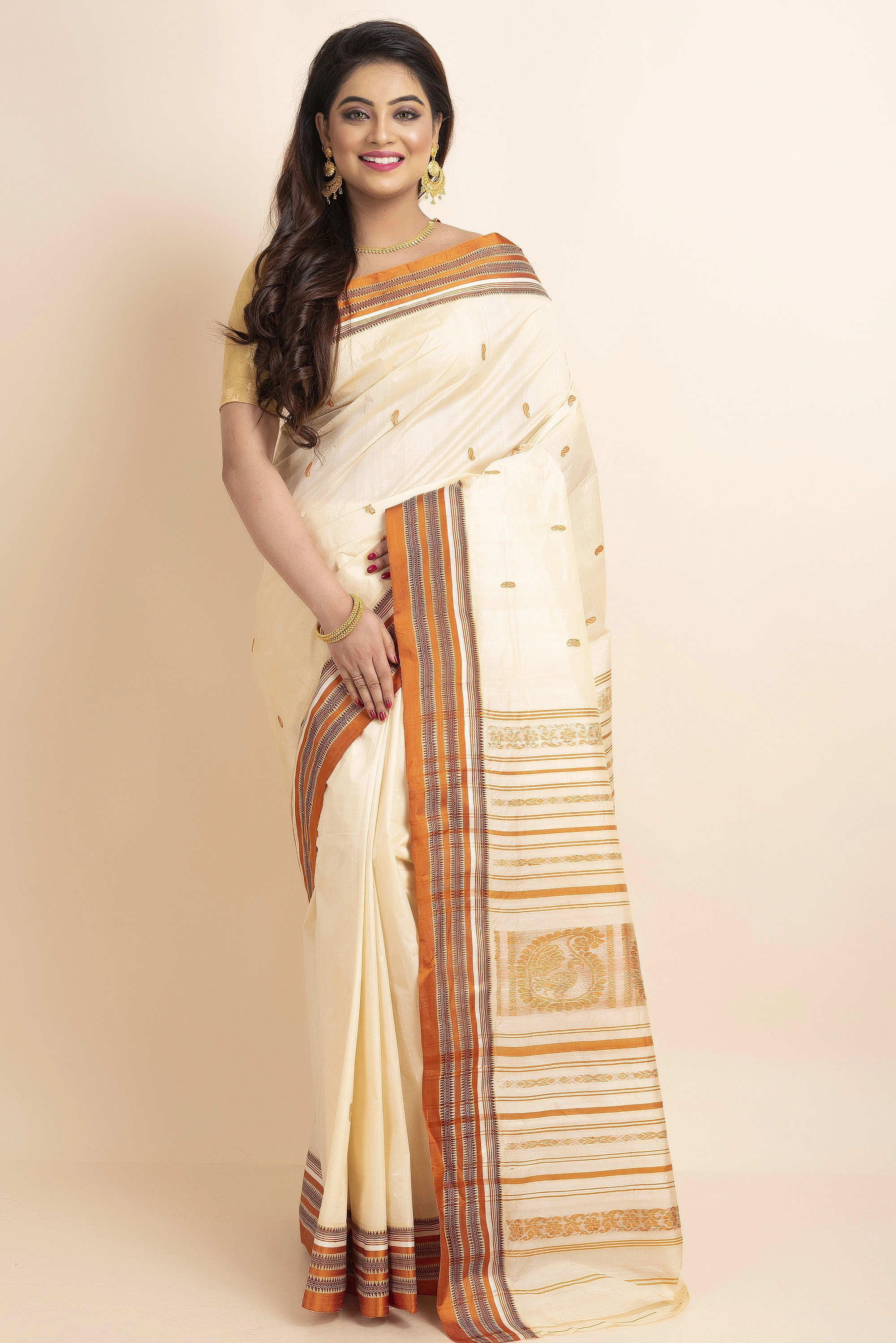 Cream Orange Handwoven Garad Pure Silk Saree with Blouse Piece-BHAAT-GPS-002