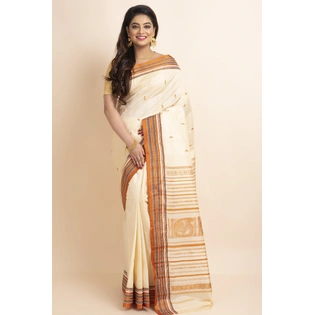 Cream Orange Handwoven Garad Pure Silk Saree with Blouse Piece