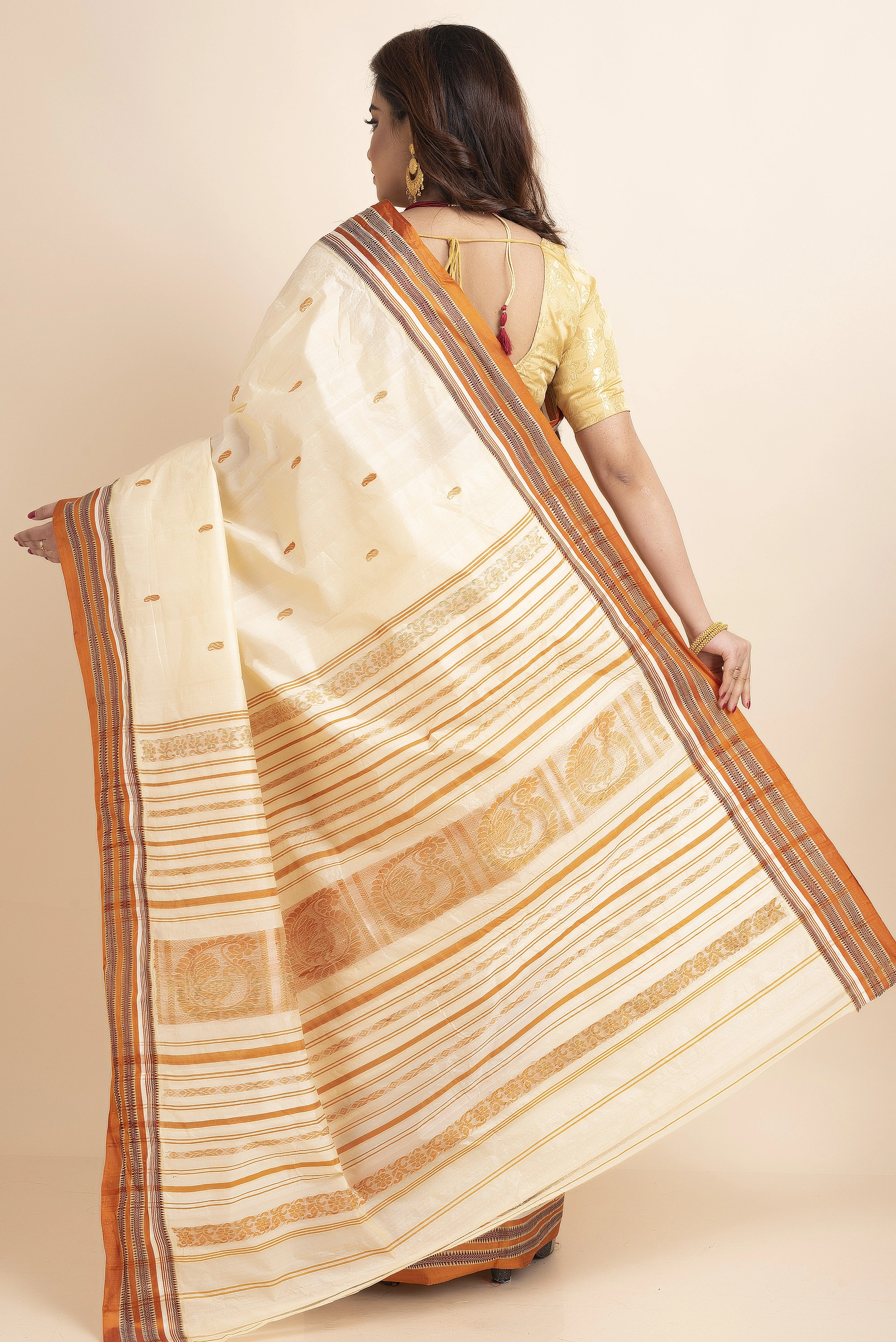 Cream Orange Handwoven Garad Pure Silk Saree with Blouse Piece-Cream-Pure Silk-Free-Female-Adult-1